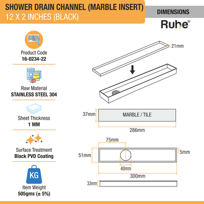 Marble-Insert Shower Drain Channel Coloured (2 Inches)