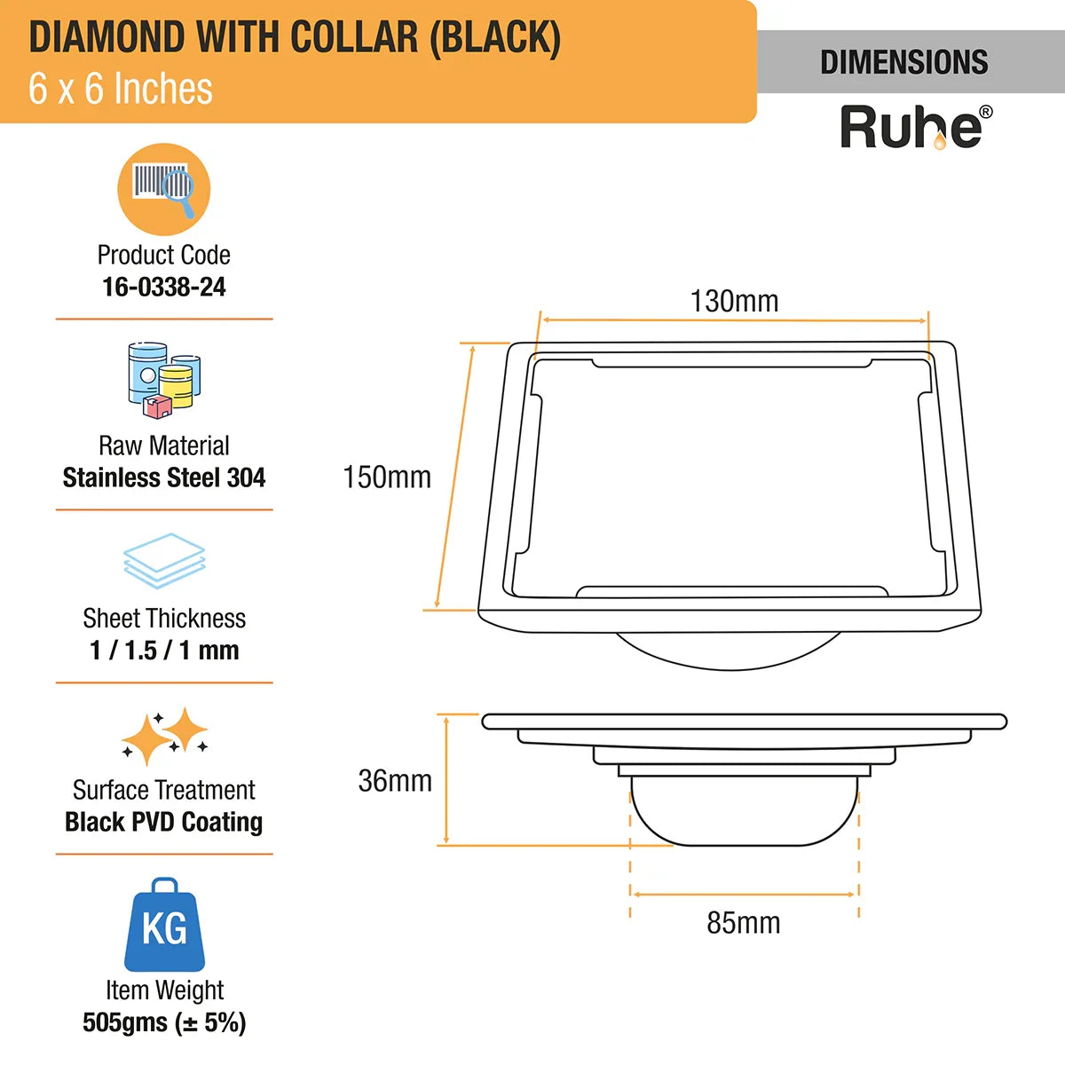 Diamond Square 304-Grade Floor Drain in Black PVD Coating (6 x 6 Inches) dimensions and sizes