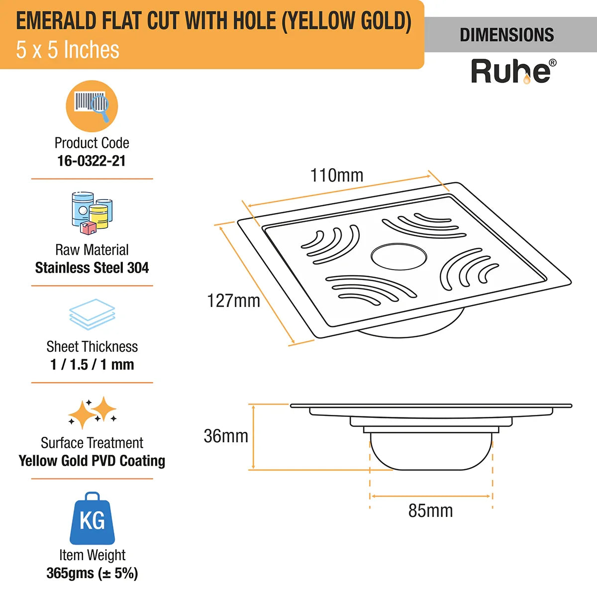 Emerald Square Flat Cut Floor Drain in Yellow Gold PVD Coating (5 x 5 Inches) with Hole dimensions and sizes