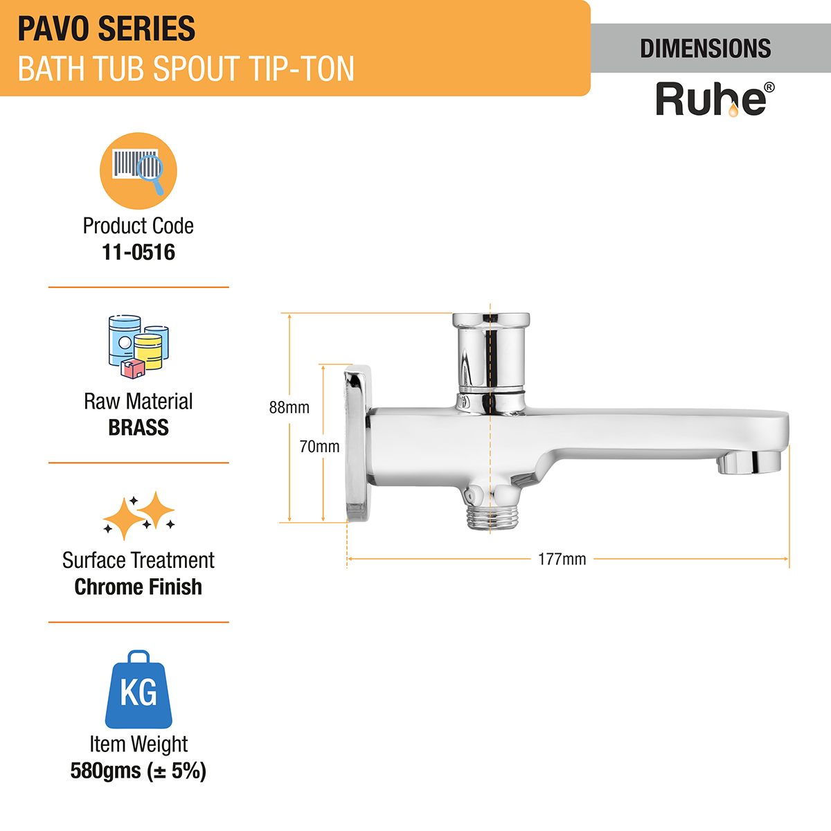 Pavo Bathtub Tap with Tip-Ton Button (Only Spout) - by Ruhe