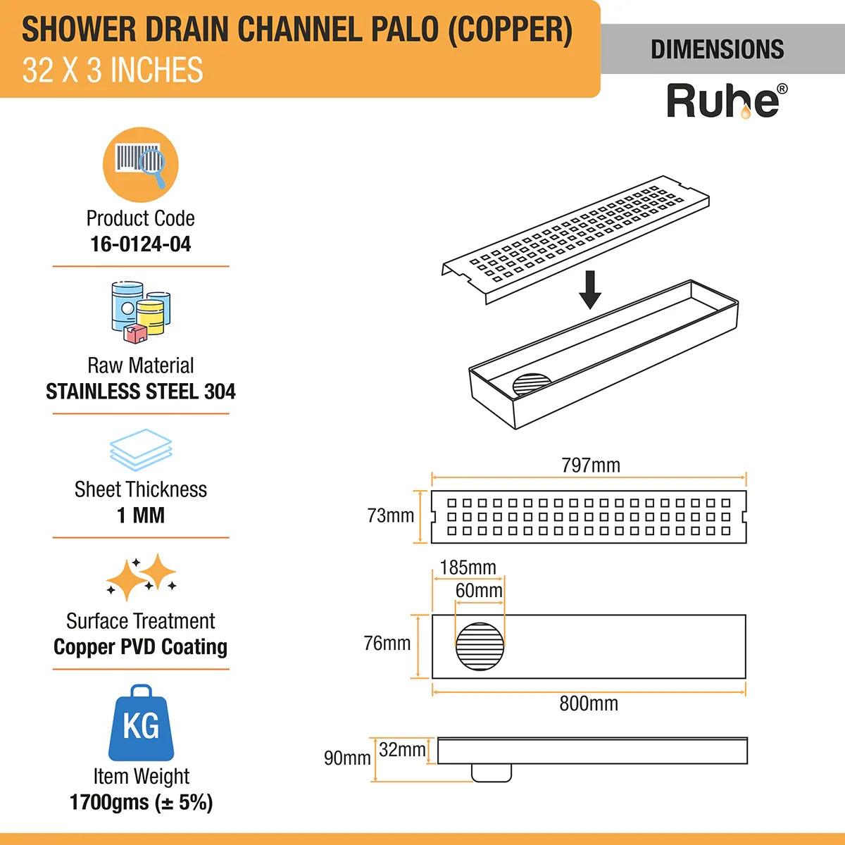 Palo Shower Drain Channel (32 x 3 Inches) Antique Copper PVD Coated - by Ruhe