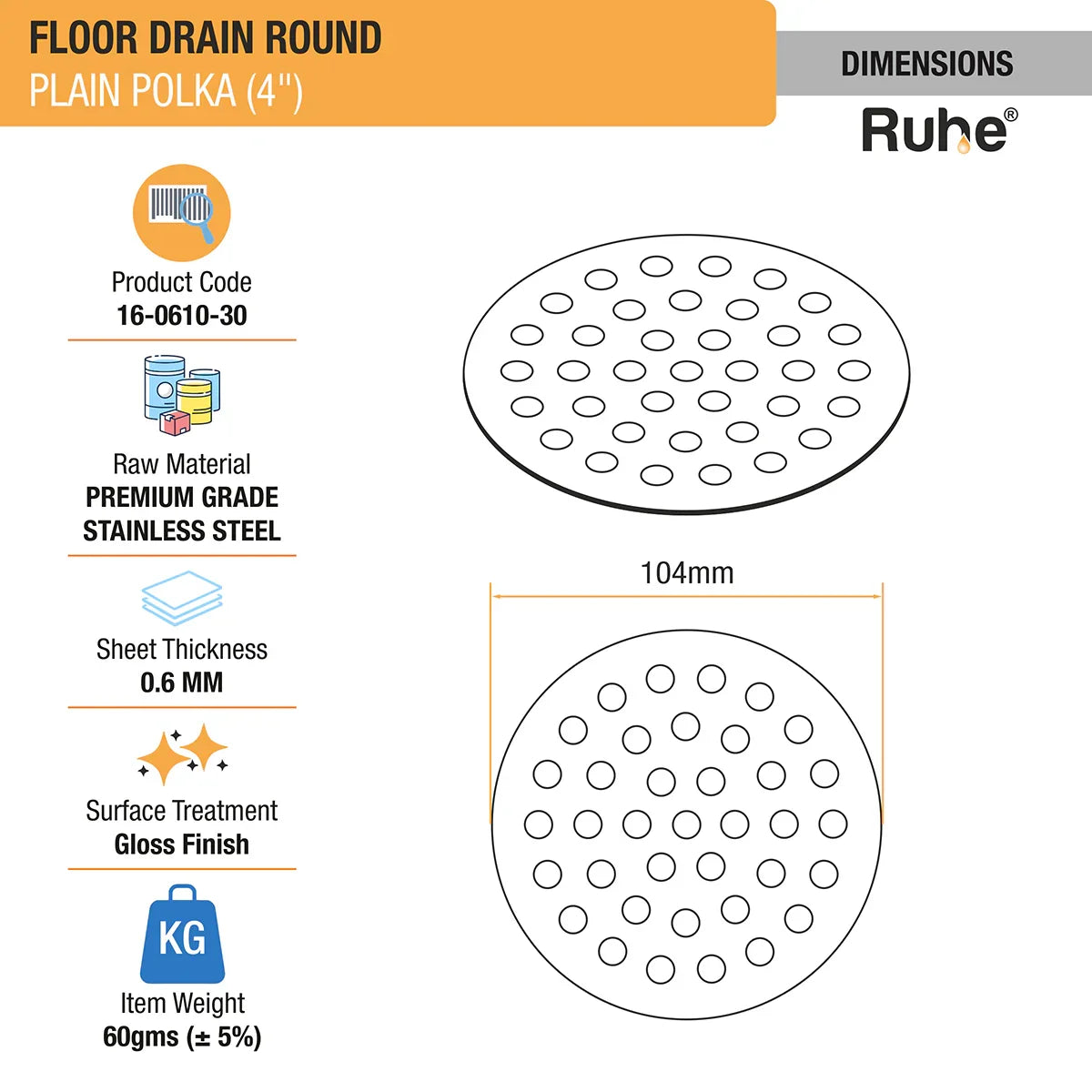 Plain Polka Round Floor Drain (4 Inches) (Pack of 4) - by Ruhe