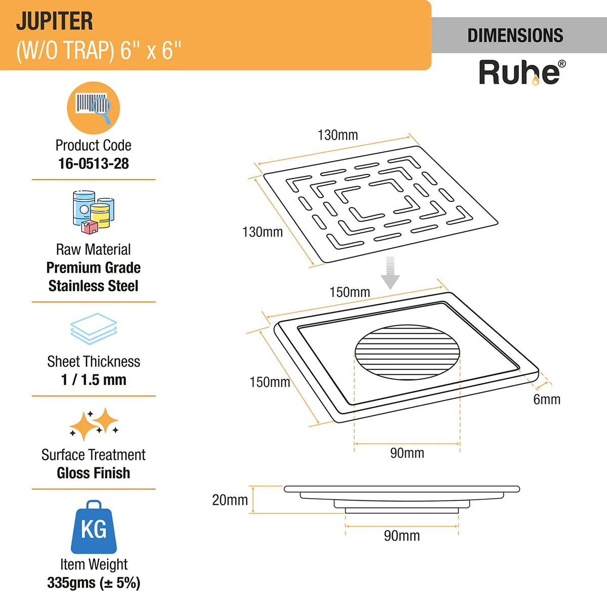 Jupiter Square Premium Floor Drain (6 x 6 Inches) - by Ruhe