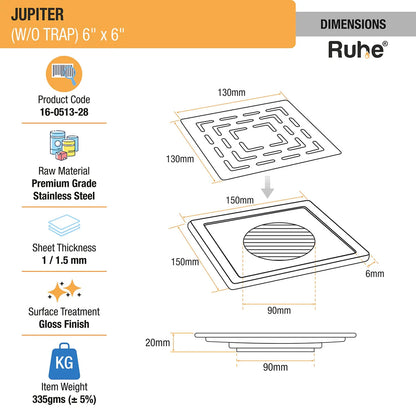 Jupiter Square Premium Floor Drain (6 x 6 Inches) - by Ruhe