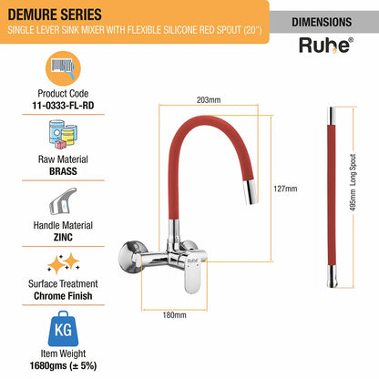 Demure Single Lever Wall-mount Kitchen Sink Mixer Tap with Red Silicone Spout - by Ruhe
