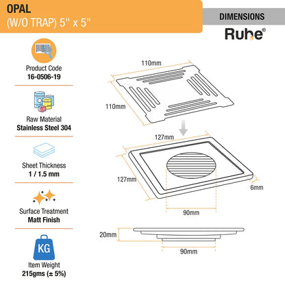 Opal Square 304-Grade Floor Drain (5 x 5 Inches) - by Ruhe