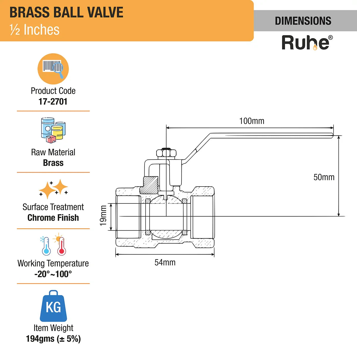 Brass Ball Valve (Â½ Inch) dimensions and size