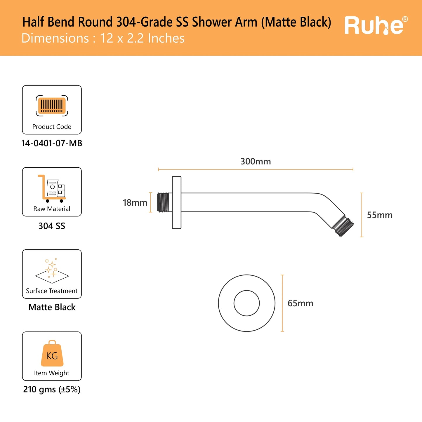 Round Half Bend Shower Arm