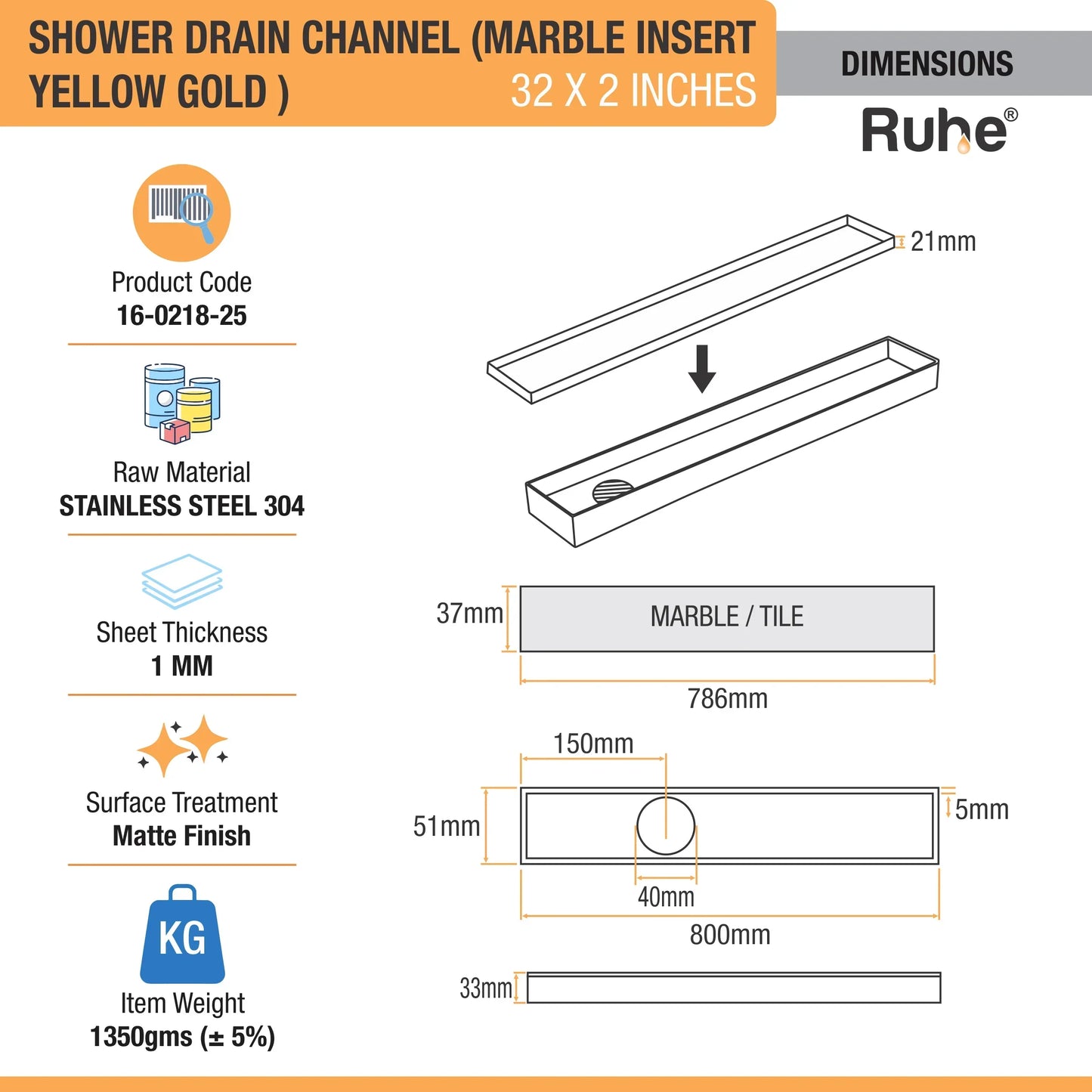 Marble-Insert Shower Drain Channel Coloured (2 Inches)