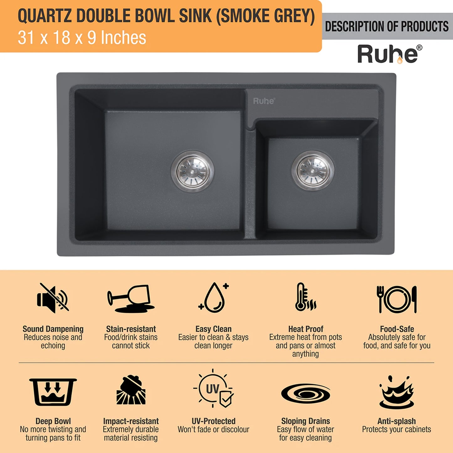 Quartz Double Bowl Kitchen Sink (31 x 18 x 9 Inches)