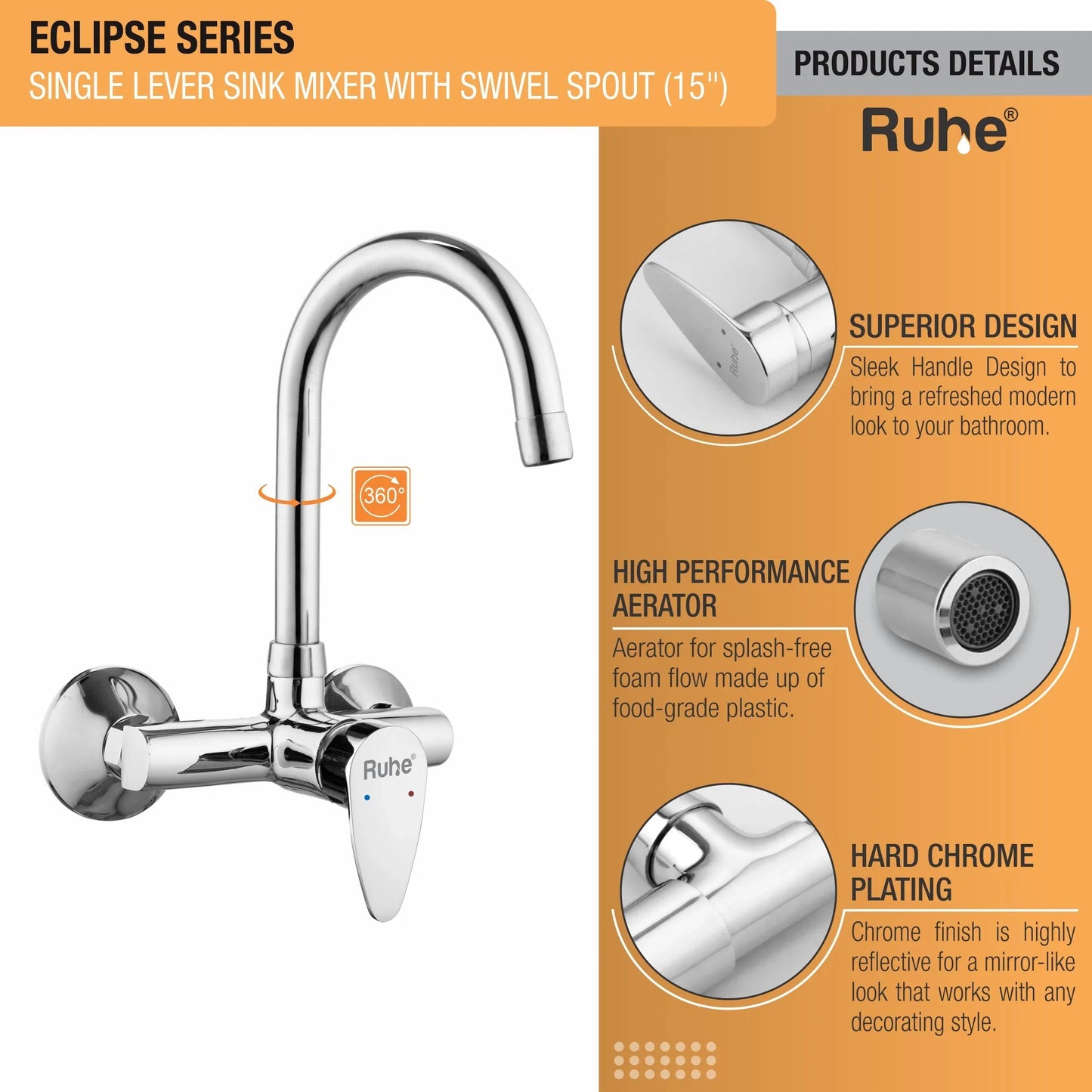 Eclipse Single Lever Wall-mount Kitchen Sink Mixer Tap with Medium Swivel Spout (15") - by Ruhe
