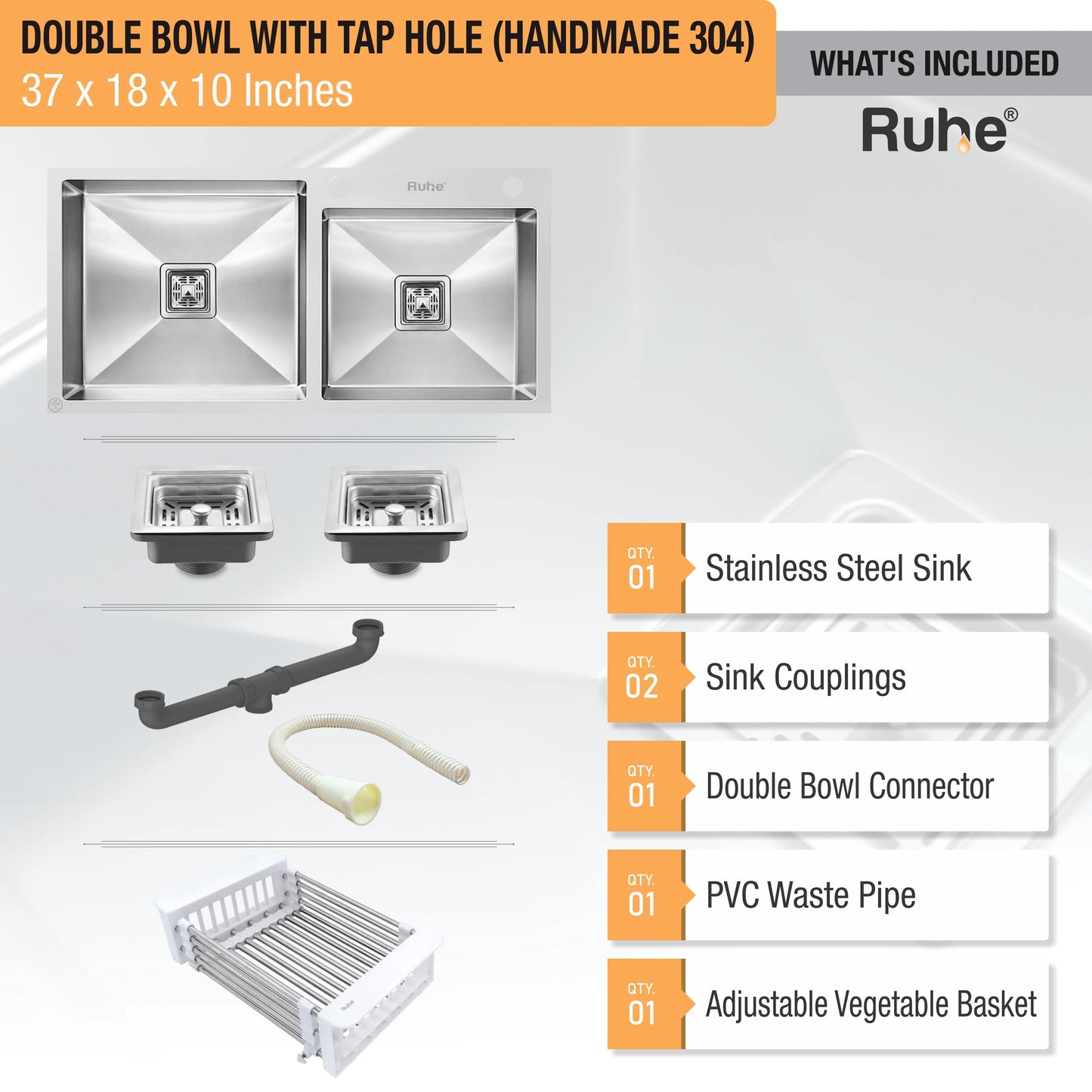 Handmade Double Bowl with Tap Hole Kitchen Sink (37 x 18 x 10 Inches) (What's Included)