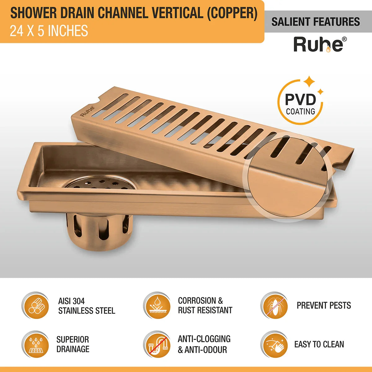 Vertical Shower Drain Channel (24 x 5 Inches) Antique Copper PVD Coated - by Ruhe