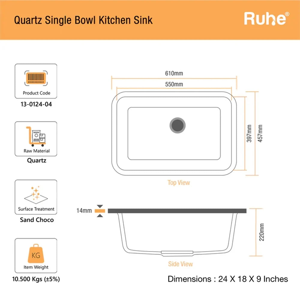 Quartz Single Bowl Round Kitchen Sink (24 x 18 x 9 Inches)
