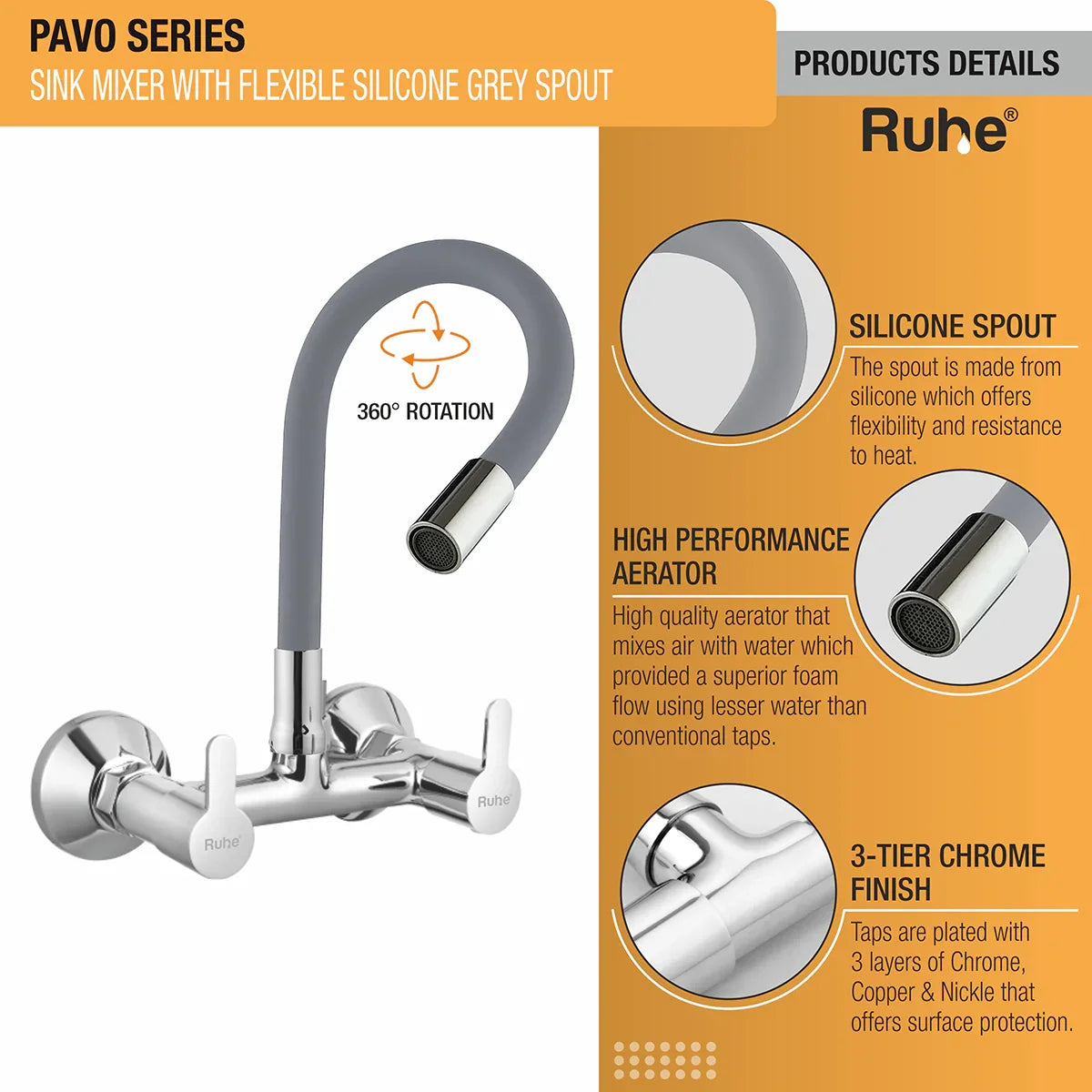 Pavo Wall Mount Kitchen Sink Mixer Tap with Coloured Flexible Silicone Spout