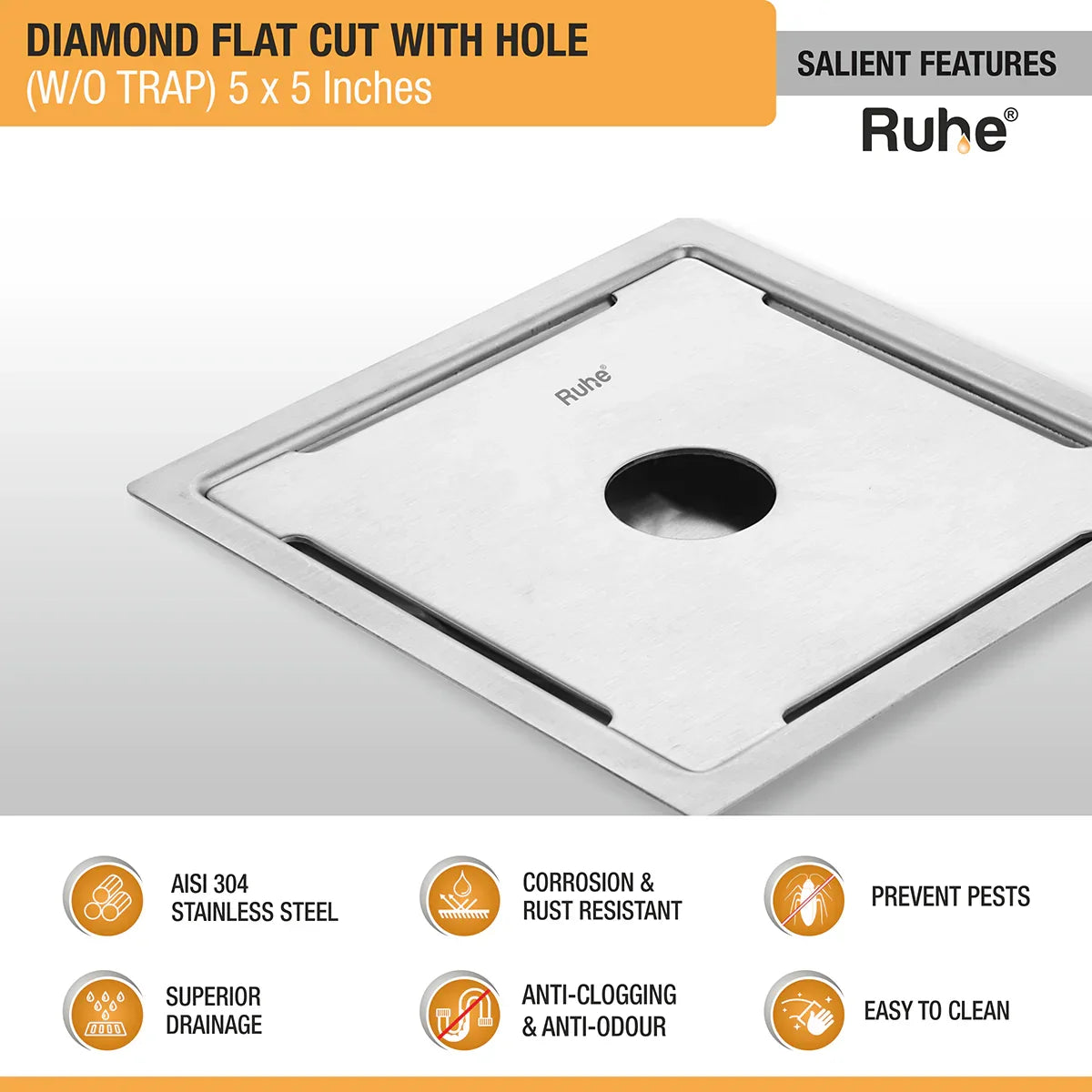 Diamond Square Flat Cut 304-Grade Floor Drain with Hole (5 x 5 Inches) features and benefits