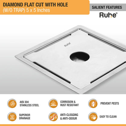 Diamond Square Flat Cut 304-Grade Floor Drain with Hole (5 x 5 Inches) features and benefits