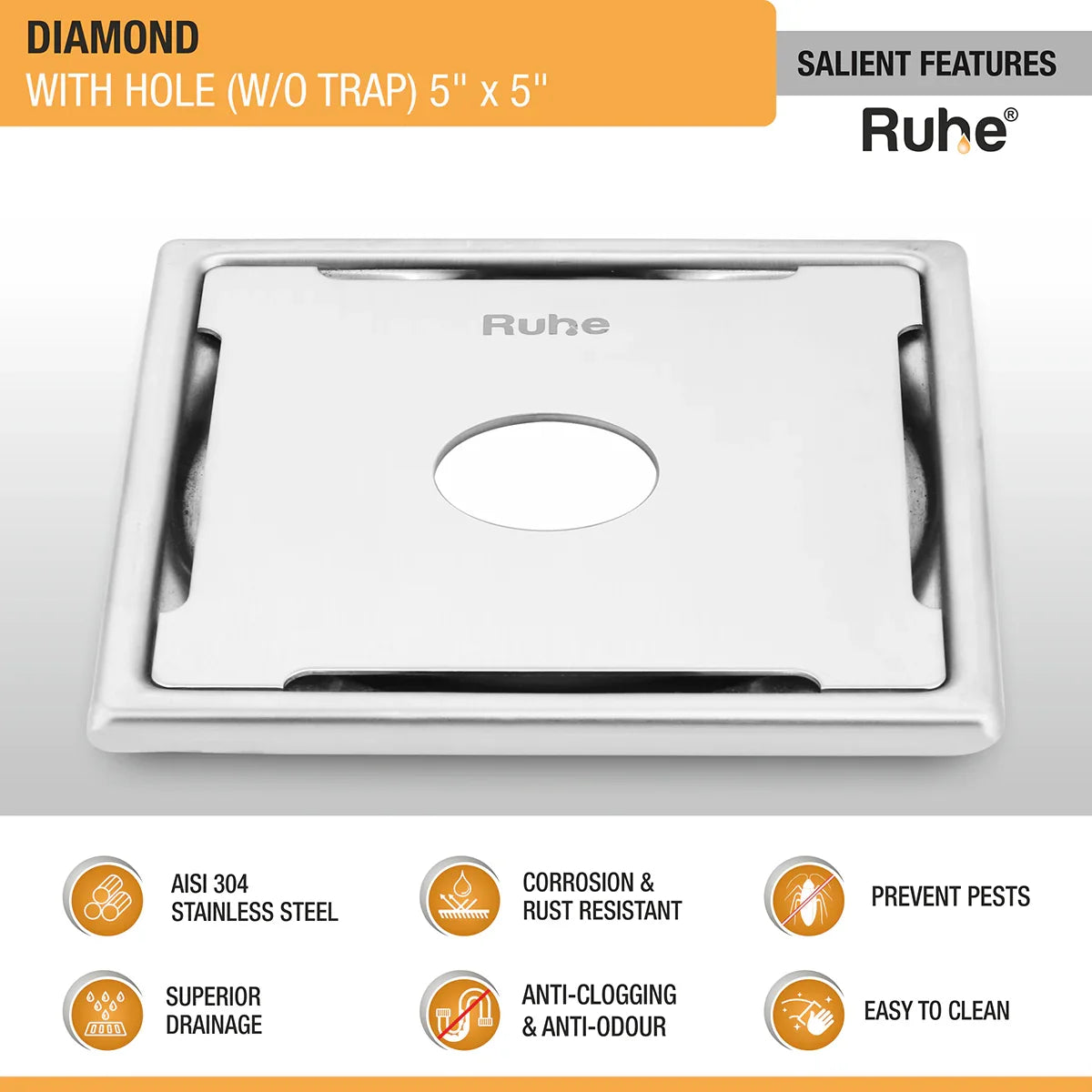 Diamond Square Floor Drain (5 x 5 Inches) with Hole (304 Grade) features