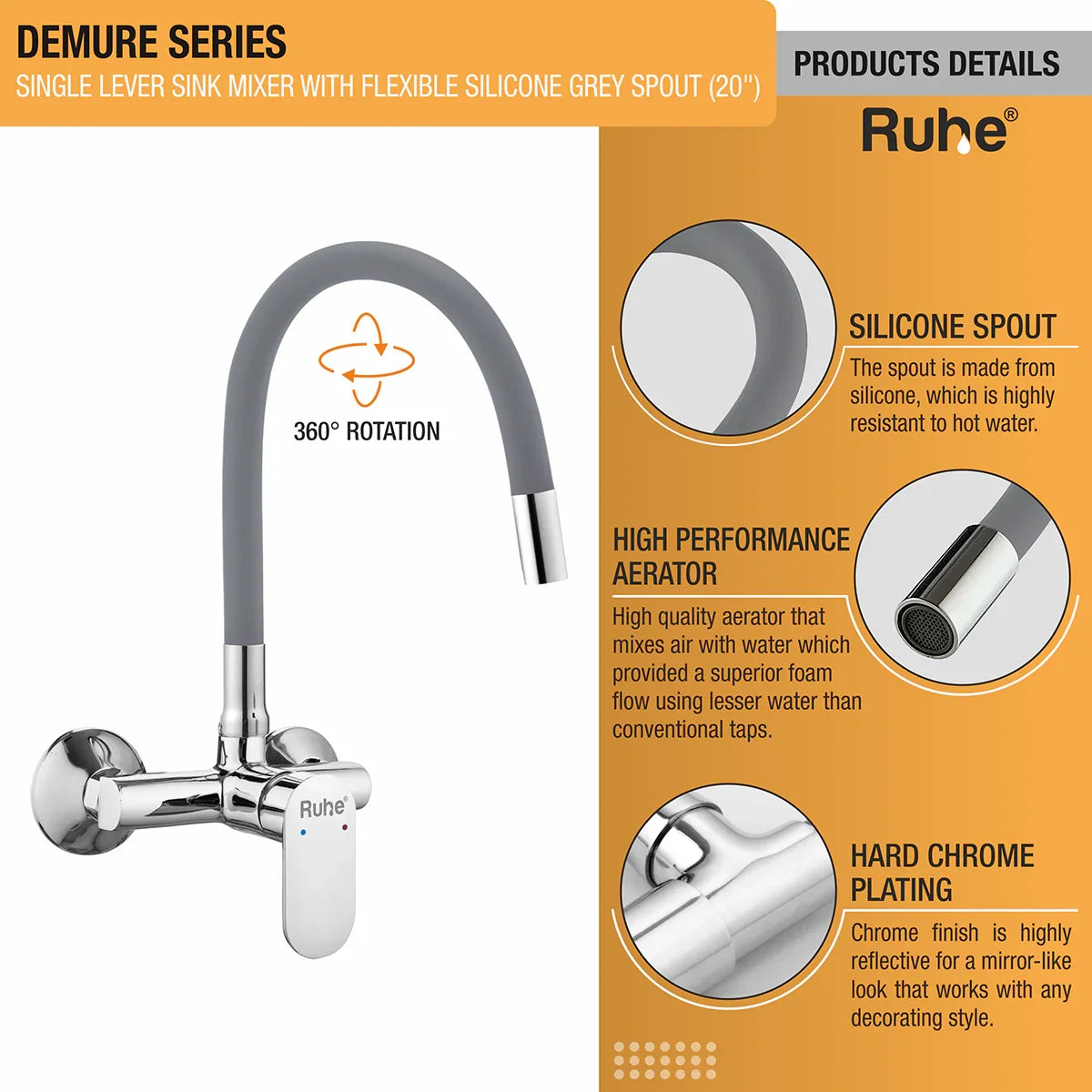 Demure Single Lever Wall-mount Kitchen Sink Mixer Tap with Coloured Silicone Spout