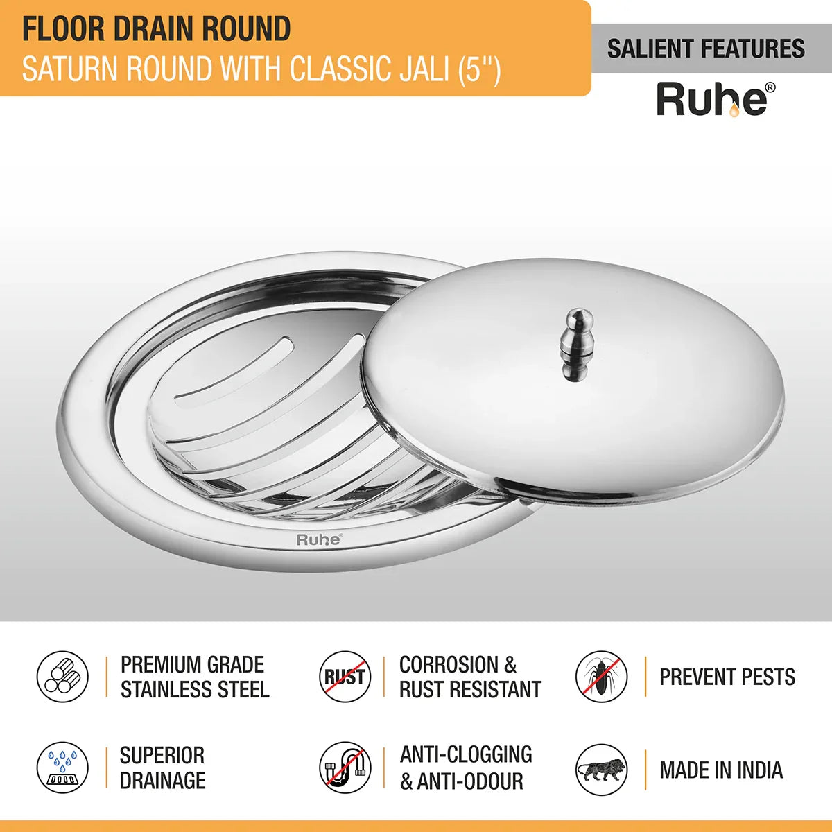 Saturn Classic Jali Round Floor Drain (5 Inches) with Lid - by Ruhe