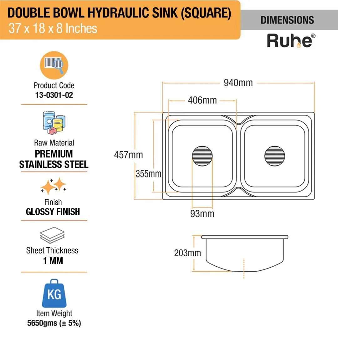 Double Bowl Kitchen Sink (37 x 18 x 8 Inches)