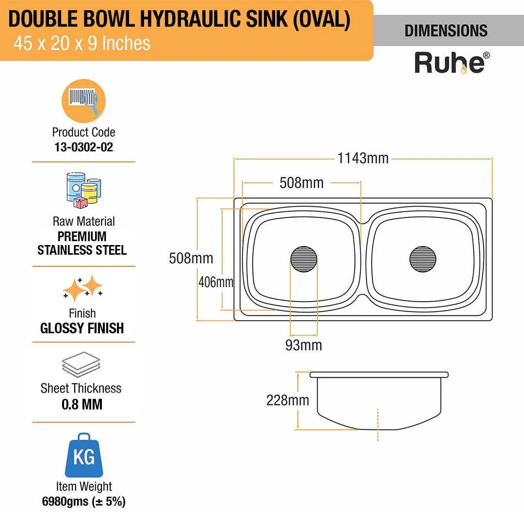 Double Bowl Kitchen Sink (45 x 20 x 9 Inches)(Dimensions)