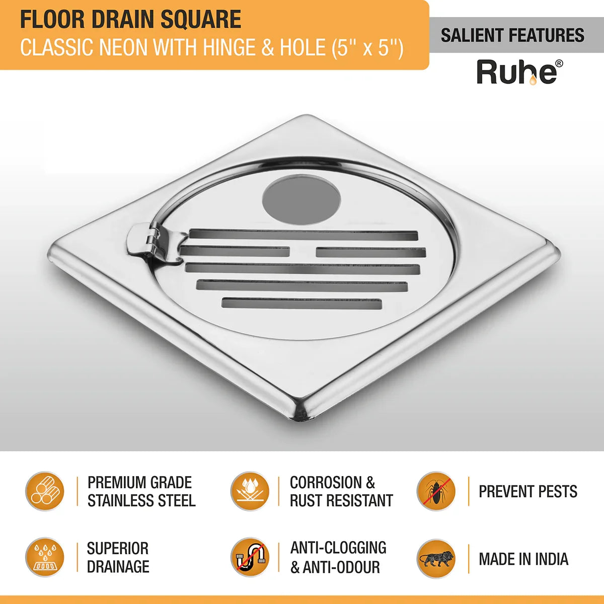 Classic Neon Square Floor Drain (5 x 5 inches) with Hole and Hinged Grating Top features