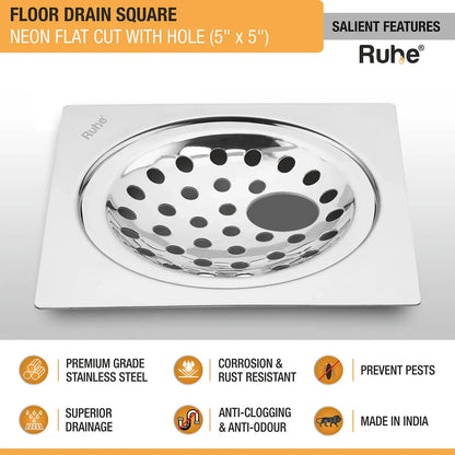Square Neon Floor Drain Square Flat Cut (5 x 5 Inches) with Hole features