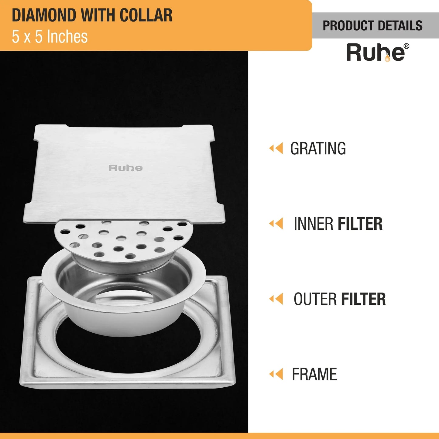 Diamond Floor Drain with Collar Square (5 x 5 Inches) with Cockroach Trap (304 Grade) product details