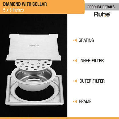Diamond Floor Drain with Collar Square (5 x 5 Inches) with Cockroach Trap (304 Grade) product details