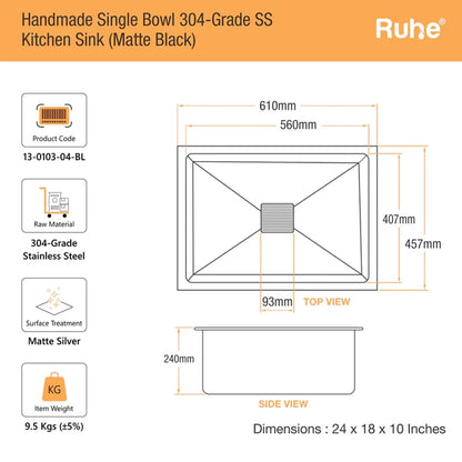 Handmade Single Bowl Kitchen Sink (24 x 18 x 10 Inches)