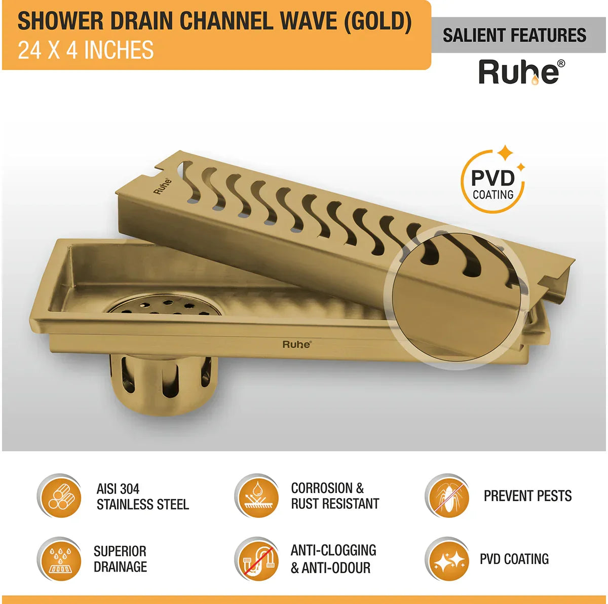 Wave Shower Drain Channel (4 Inches)
