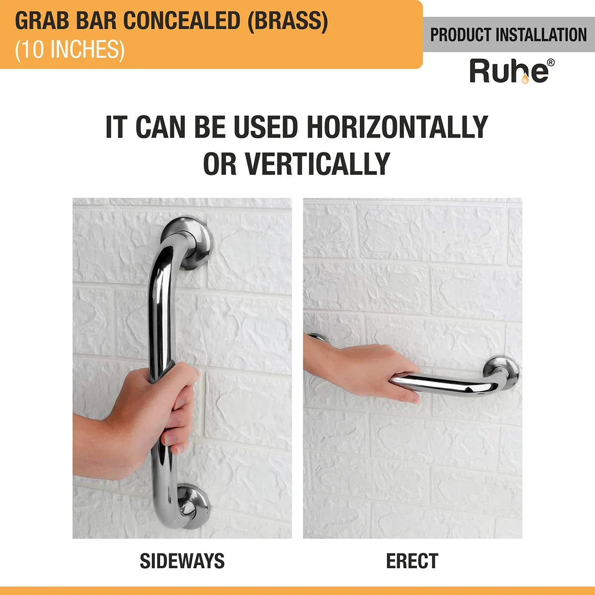 Brass Grab Bar Concealed (10 inches) installation positions