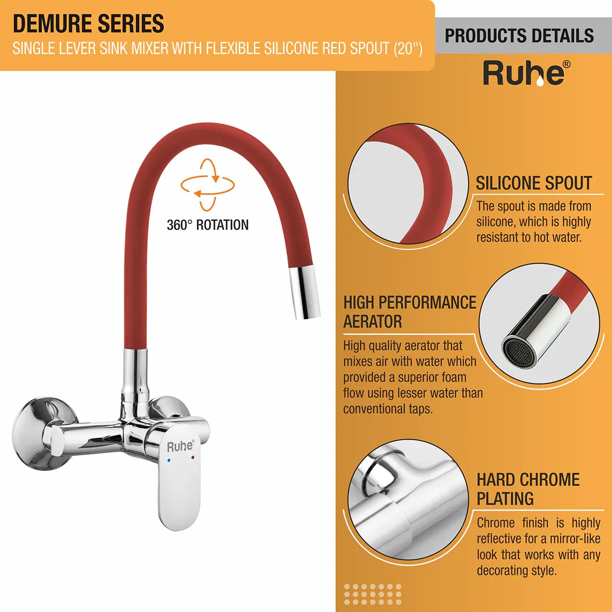 Demure Single Lever Wall-mount Kitchen Sink Mixer Tap with Red Silicone Spout - by Ruhe