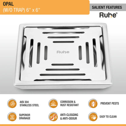 Opal Square 304-Grade Floor Drain (6 x 6 Inches) - by Ruhe