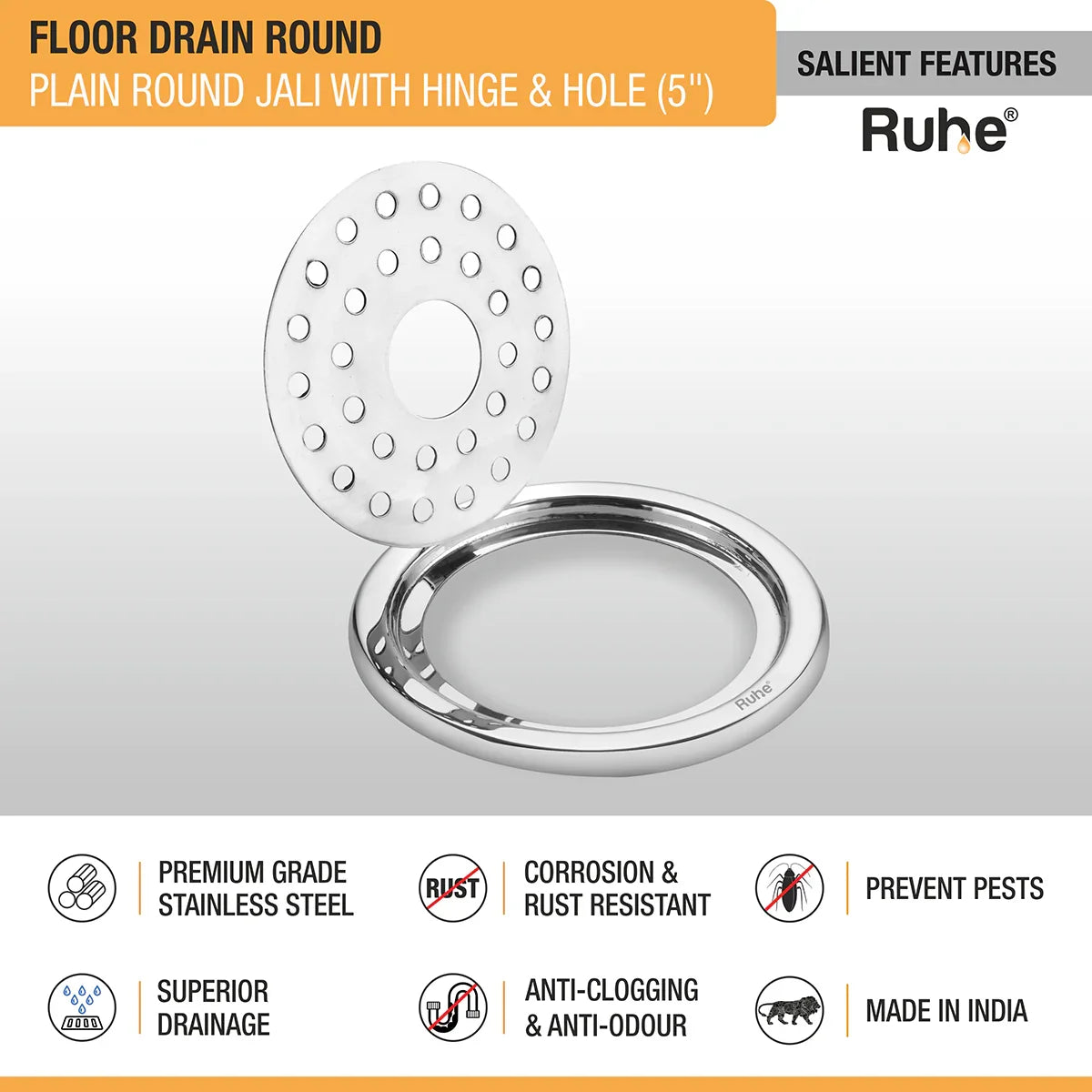 Plain Round Jali Floor Drain (5 Inches) with Hinged Grating Top & Hole (Pack of 2) - by Ruhe
