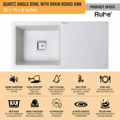 Quartz Single Bowl with Drainboard Kitchen Sink (36 x 18 x 9 Inches)