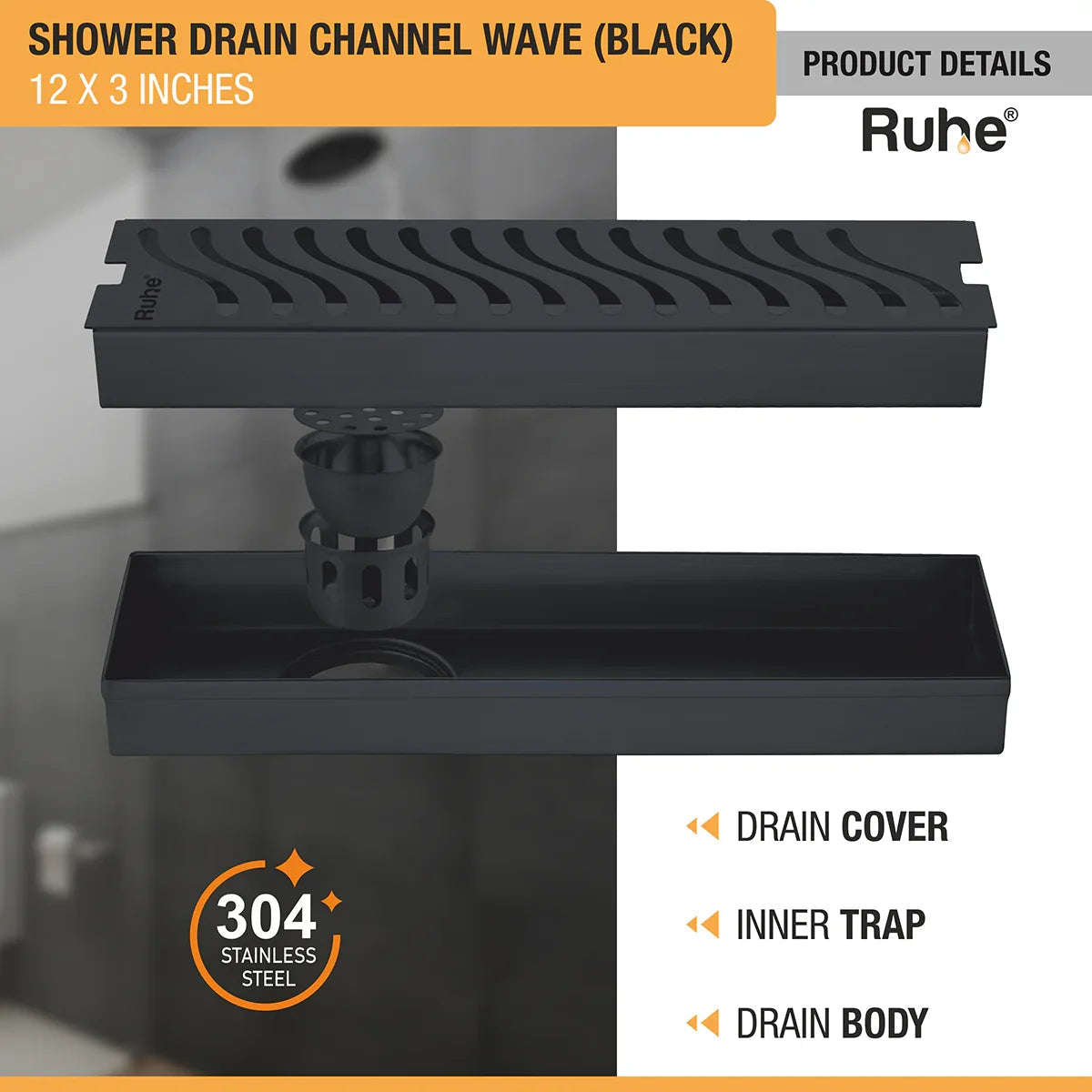 Wave Shower Drain Channel (12 x 3 Inches) Black PVD Coated with drain cover, inner insect trap, drain body