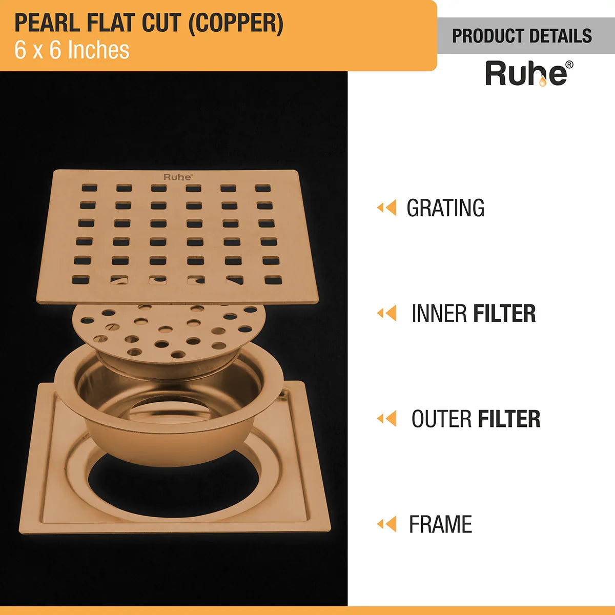 Pearl Square Flat Cut Floor Drain in Antique Copper PVD Coating (6 x 6 Inches) product details