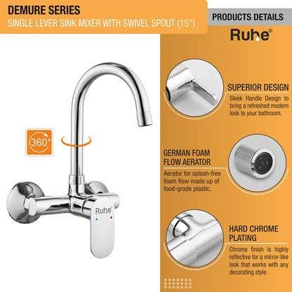 Demure Single Lever Wall-mount Kitchen Sink Mixer Tap with Medium Swivel Spout (15") - by Ruhe