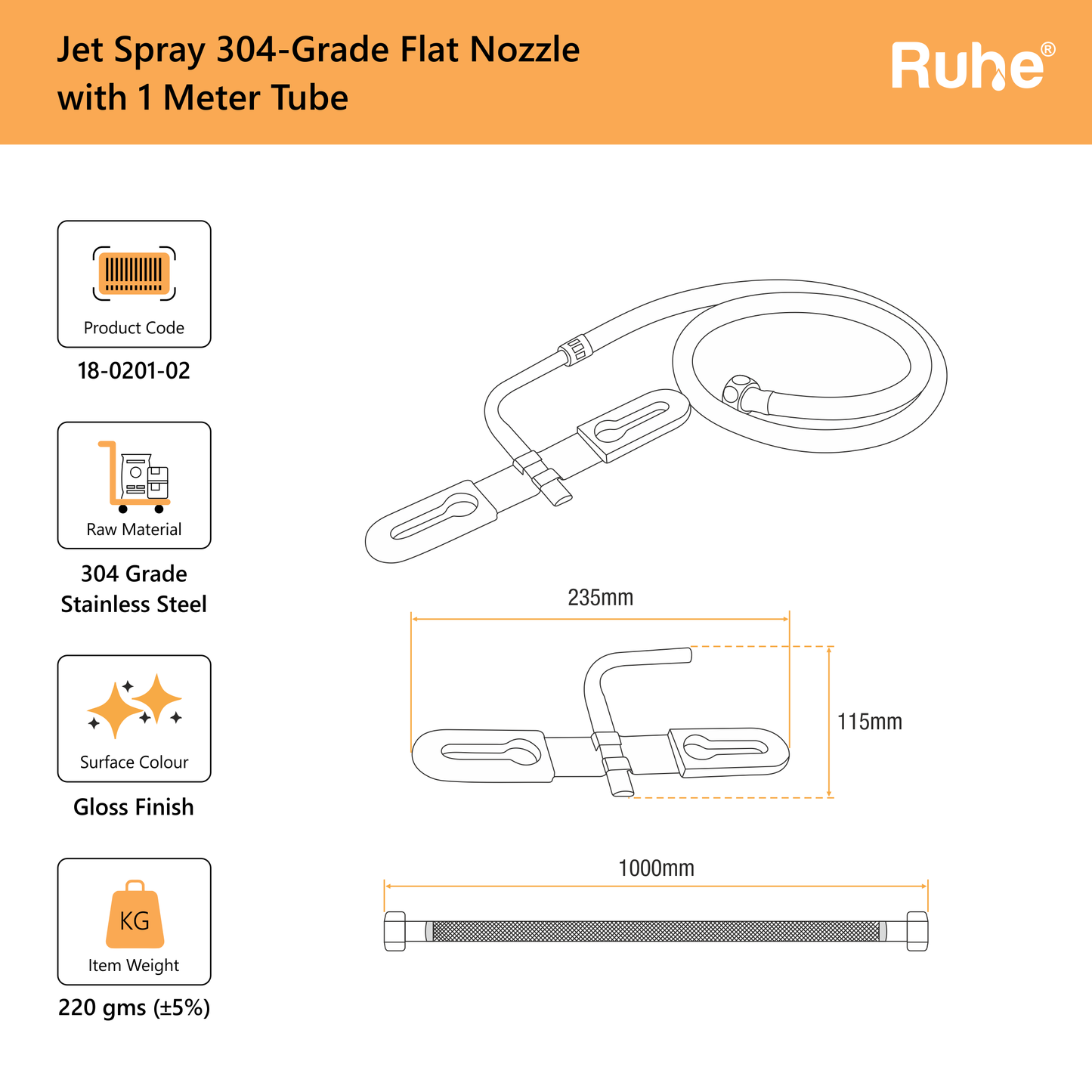 Jet Spray 304-Grade Flat Nozzle with 1 Meter Tube