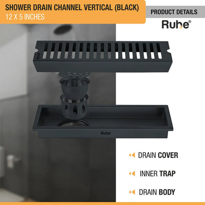 Vertical Shower Drain Channel (12 x 5 Inches) Black PVD Coated with drain cover, inner insect trap, drain body