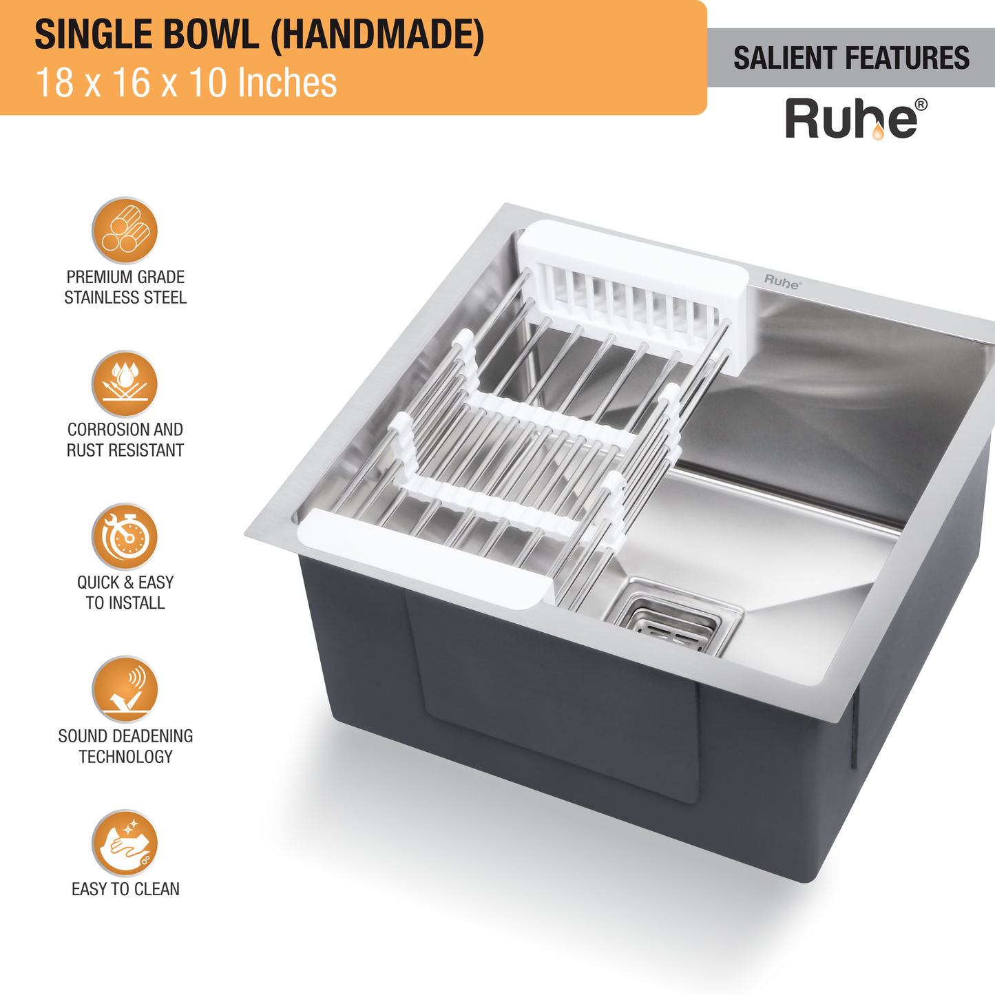 Handmade Single Bowl Kitchen Sink (18 x 16 x 10 Inches) (Features)