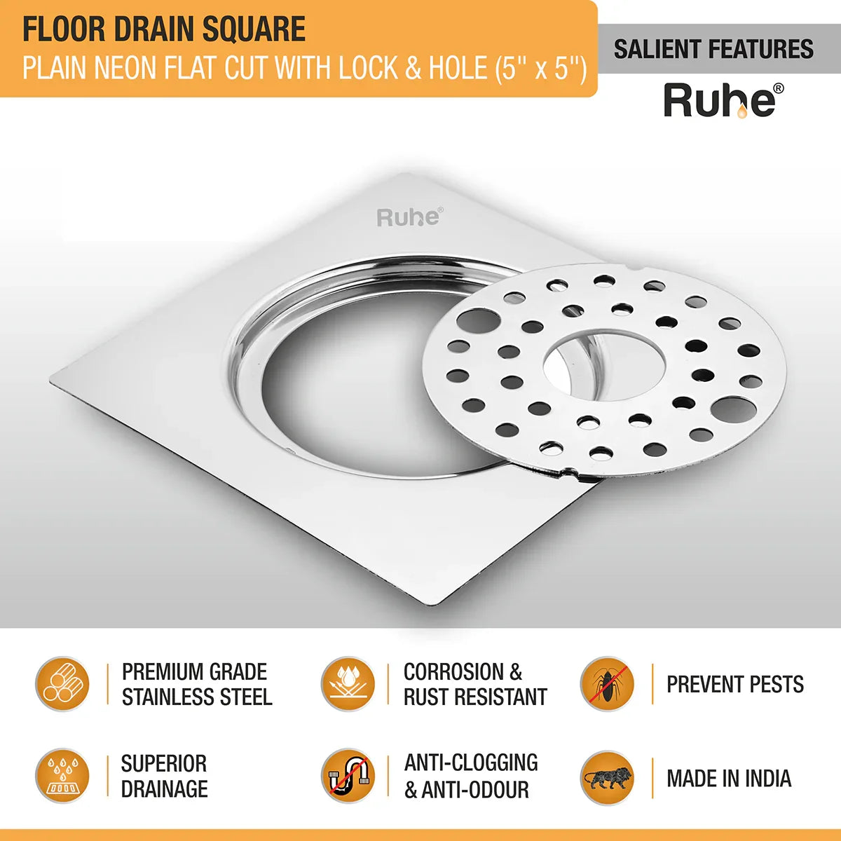 Plain Neon Square Flat Cut Floor Drain (5 x 5 inches) with Lock and Hole features
