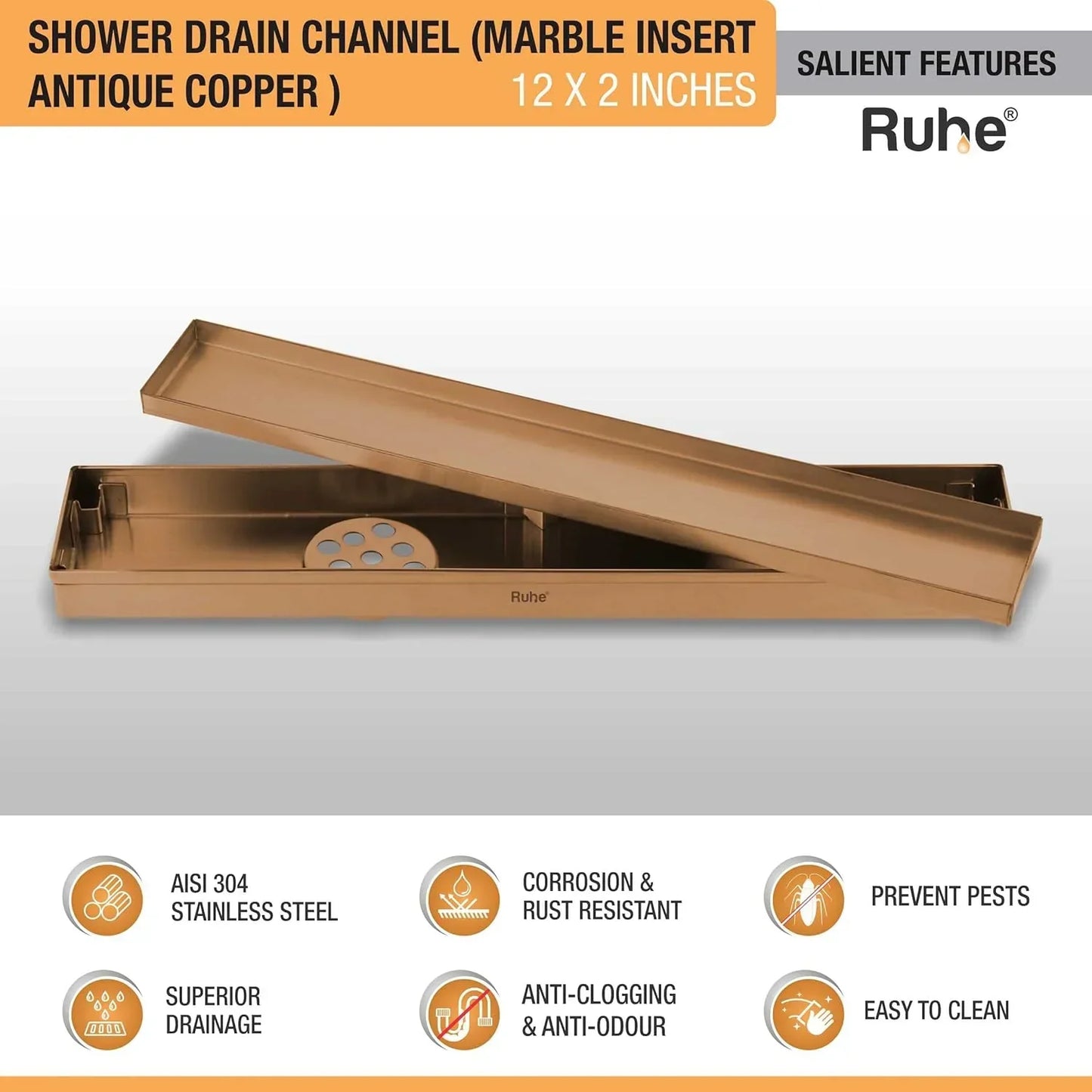 Marble-Insert Shower Drain Channel (2 Inches)