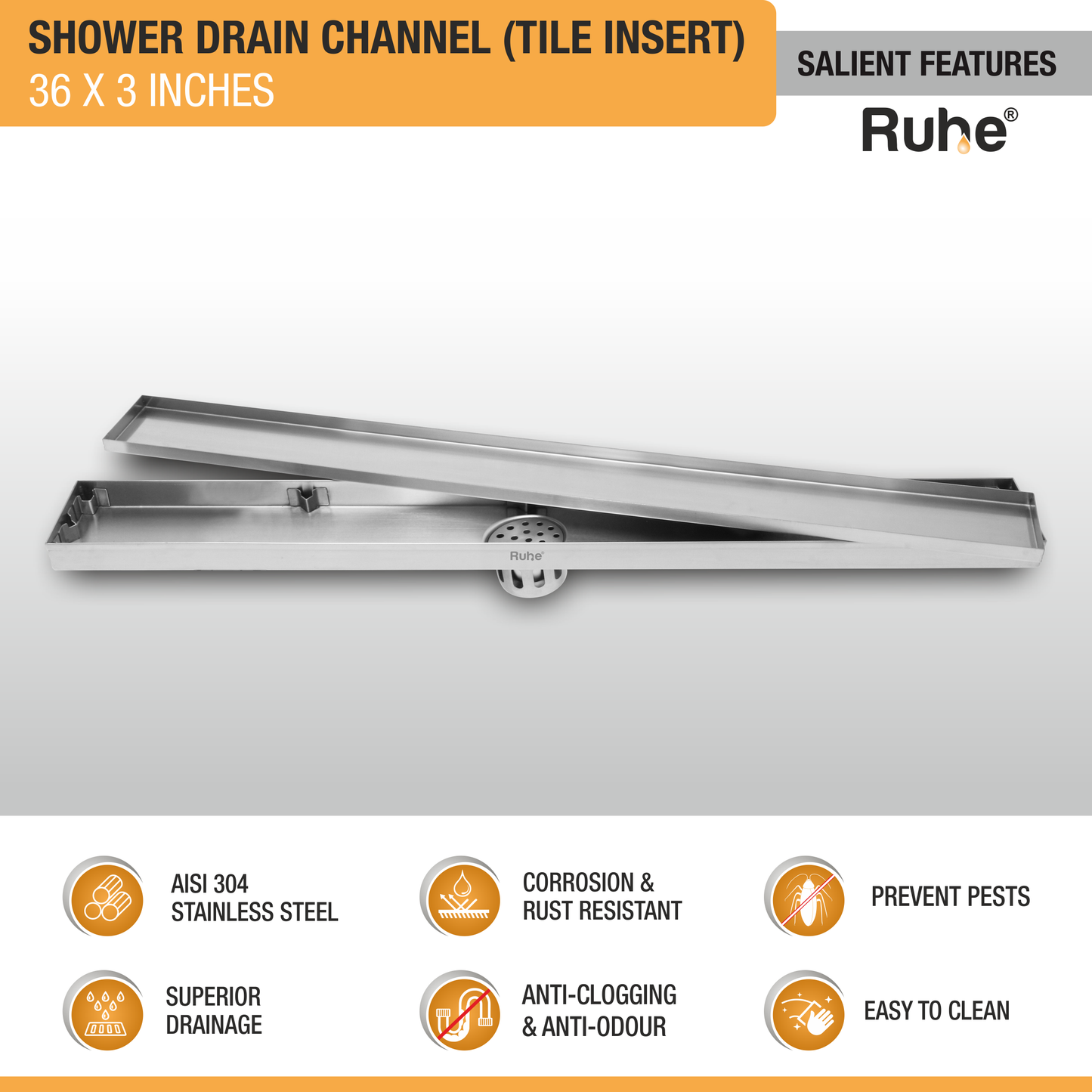 Tile-Insert Shower Drain Channel Coloured (3 Inches)