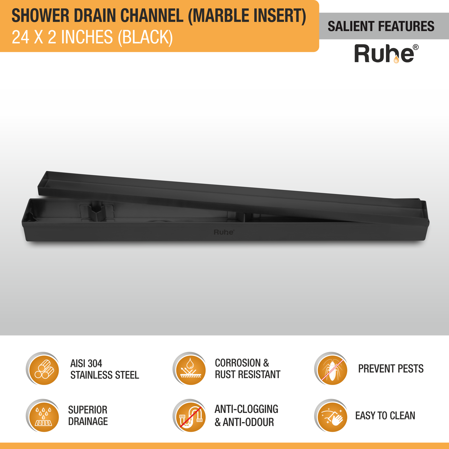 Marble-Insert Shower Drain Channel Coloured (2 Inches)