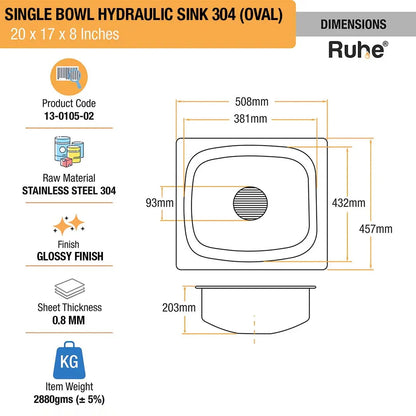 Oval Single Bowl Kitchen Sink (20 x 17 x 8 Inches)(Dimensions)