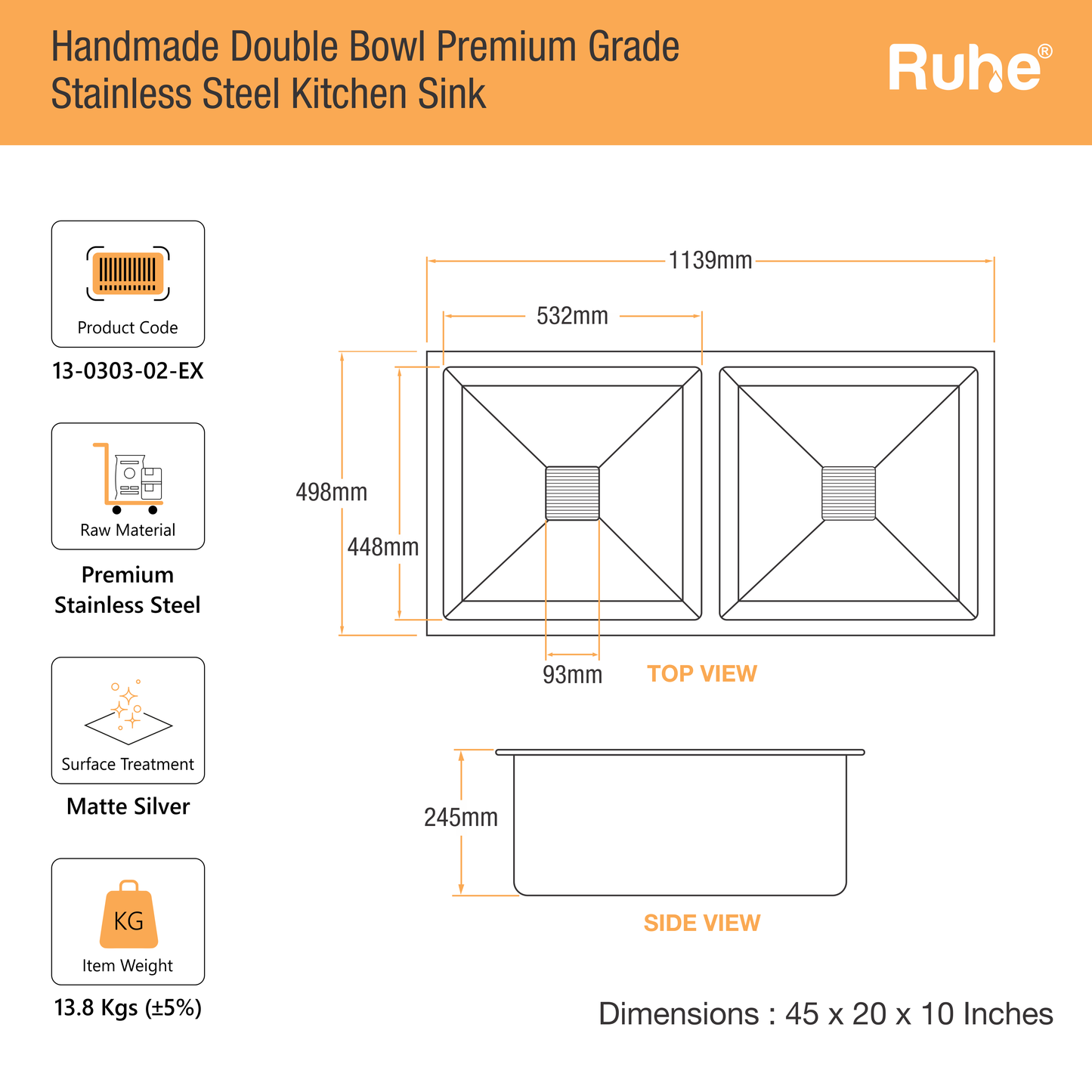 Handmade Double Bowl Kitchen Sink (45 x 20 x 10 Inches) (Dimensions)