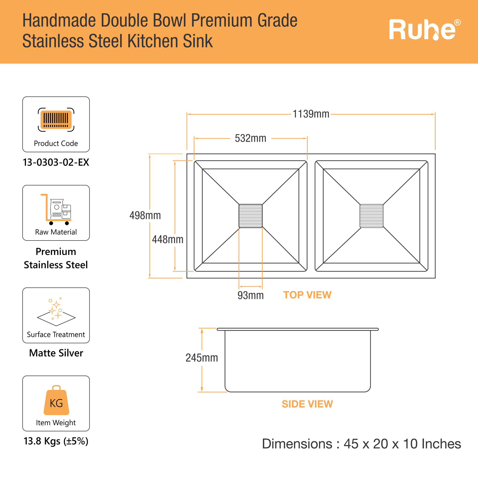Handmade Double Bowl Kitchen Sink (45 x 20 x 10 Inches) (Dimensions)